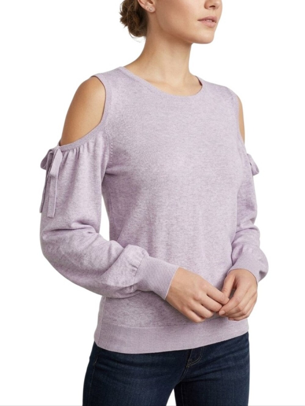 Express Cold Shoulder Knit Sweater Boat Neck Long Sleeve Open Keyhole Blouse